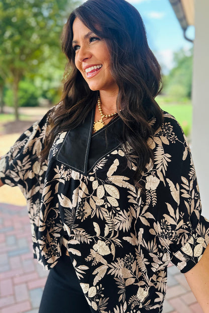 Black Botanical Leafy Print Color Block V Neck Half Sleeve Dolman Blouse