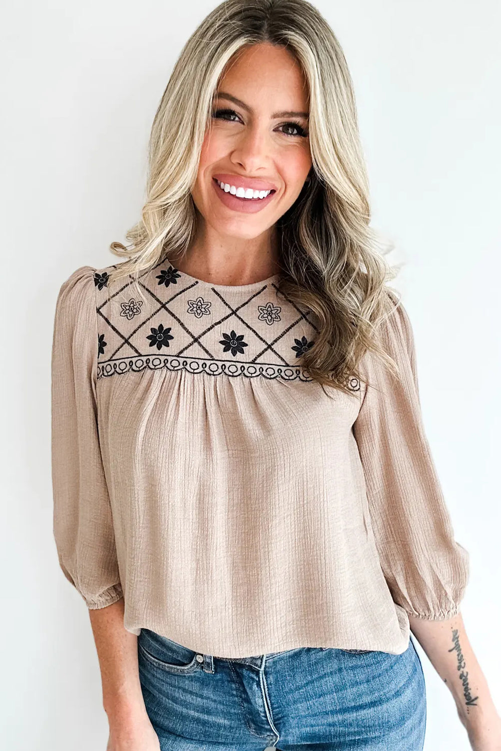 Parchment Embroidered Detail 3/4 Puff Sleeve Round Neck Blouse