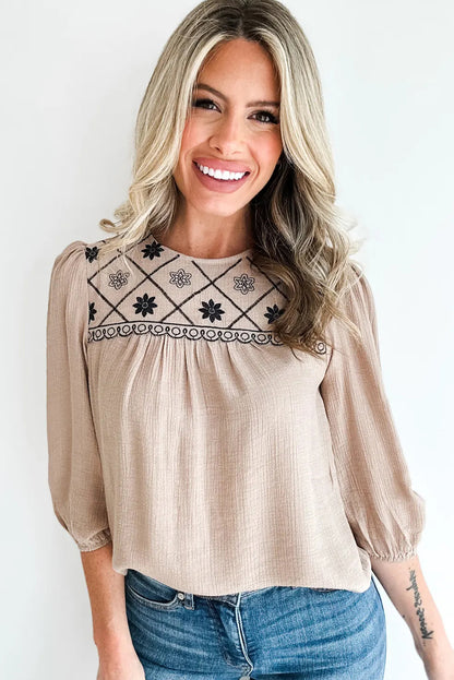 Parchment Embroidered Detail 3/4 Puff Sleeve Round Neck Blouse