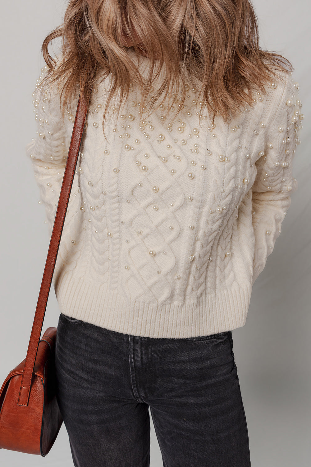 Beige Cable Knit Pearl Embellished Sweater