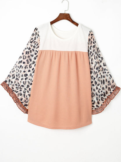 Leopard Print Ruffle Sleeve Color Block Top in Khaki