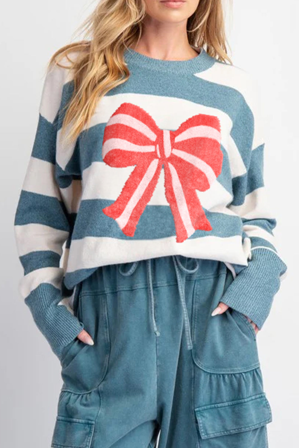 Blue Stripe Contrast Bowknot Graphic Ribbed Edge Drop Shoulder Crew Neck Bulk Sweater