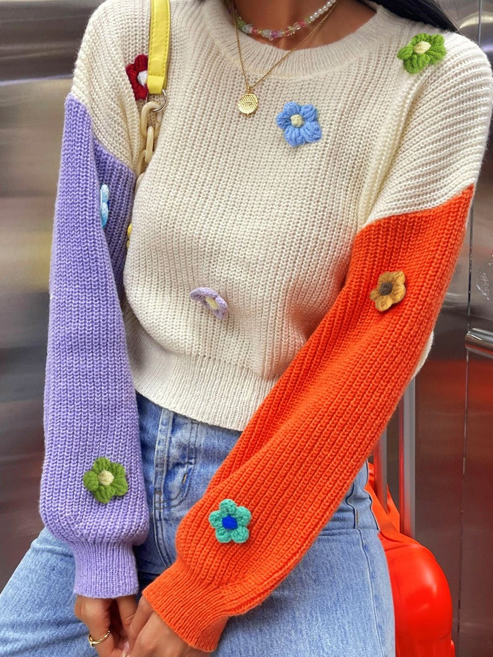 Floral Patchwork Drop Shoulder Knit Sweater with Colorblock Design