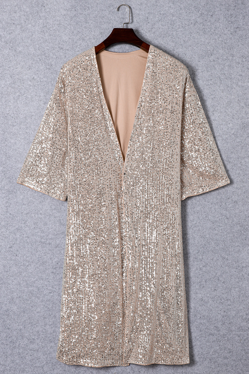 Apricot Sequin Embellished Open Front Kimono Duster