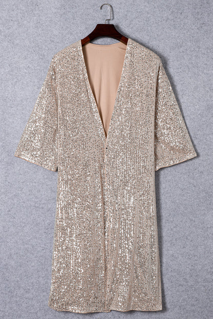 Apricot Sequin Embellished Open Front Kimono Duster