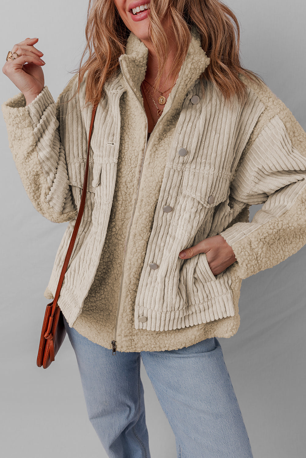 Parchment Zip Up Stand Collar Corduroy Sherpa Patchwork Jacket