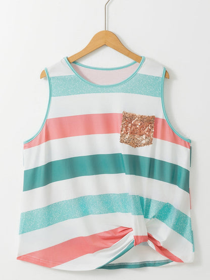 Vibrant Striped Plus Size Crew Neck Tankini Top