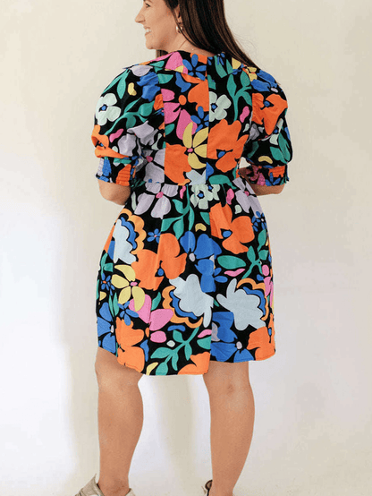 Blue Floral Split Neck Plus Size Collared Mini Dress