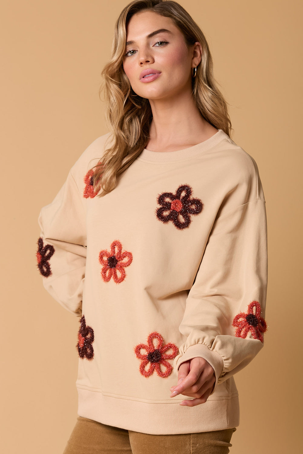 Jet Stream Tinsel Flower Decor Drop Shoulder Sweatshirt