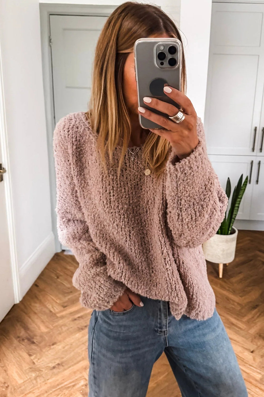 Dusty Pink Round Neck Fuzzy Knit Drop Shoulder Loose Sweater