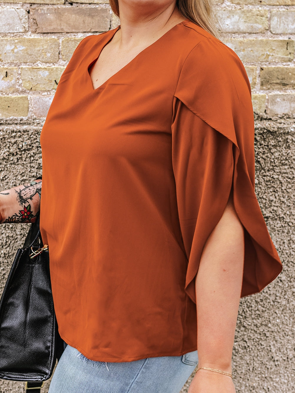 Golden Flame Wrap Sleeve V-Neck Plus Size Blouse
