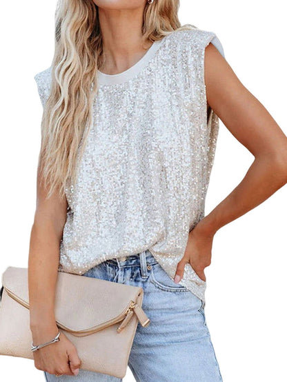 Apricot Sparkle Sleeveless Top with Round Neck