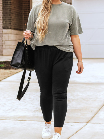 Elegant Black Plus Size High Waist Frilled Soft Pants with Pockets