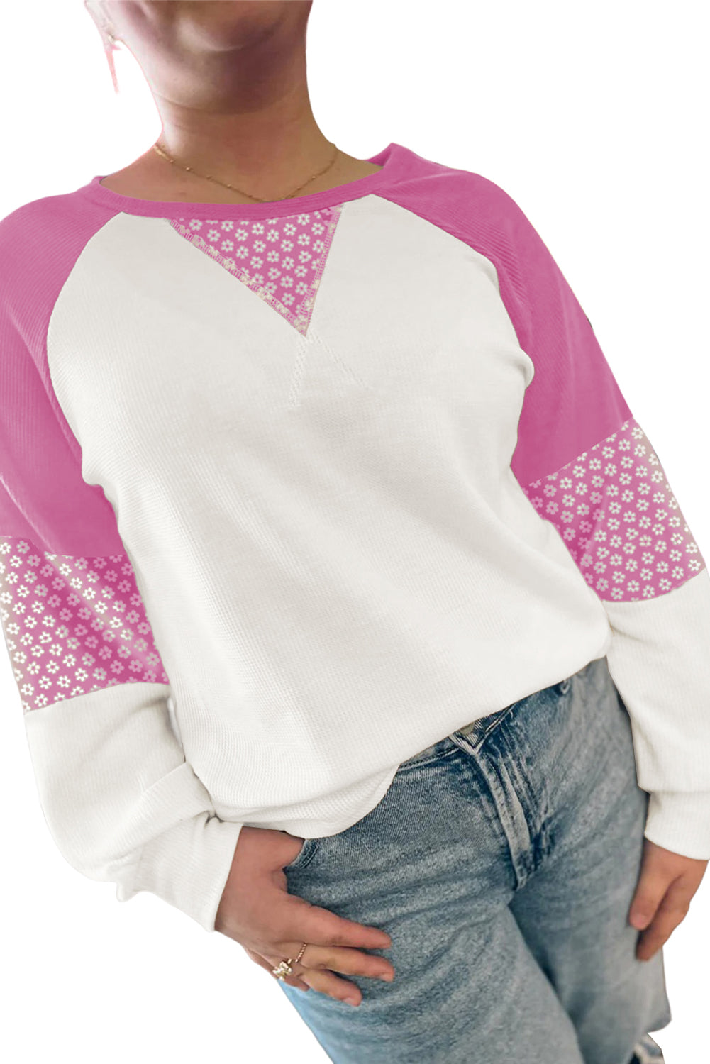 Pink Floral Print Patchwork Color Block Long Sleeve Top