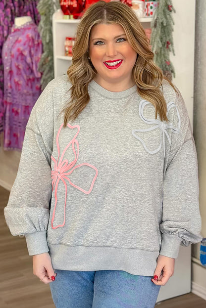 Light Grey Plus Size Thread Embroidered Drop Shoulder Round Neck Sweatshirt