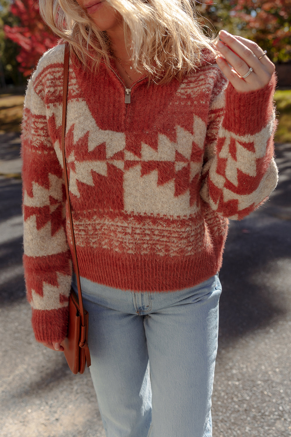 Mineral Red Western Geometric Pattern Zipped Collar Fuzzy Sweater