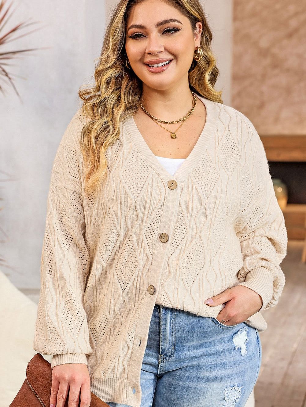 Elegant Apricot V-Neck Oversized Knit Cardigan with Button Detail