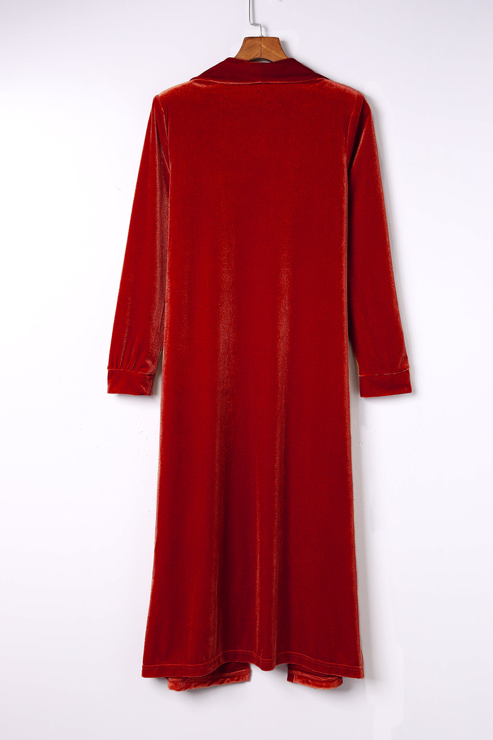 Fiery Crimson Velvet Open Front Long Duster with Pockets