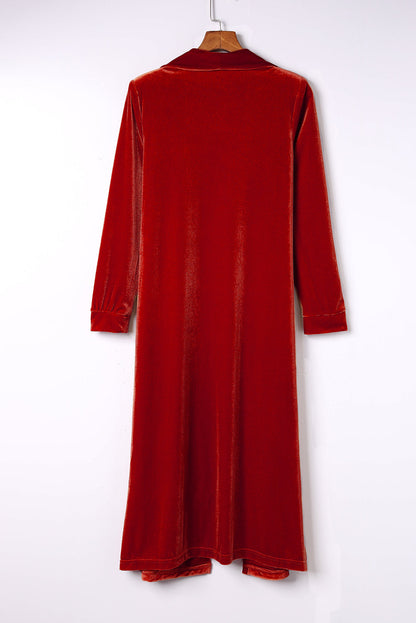 Fiery Crimson Velvet Open Front Long Duster with Pockets