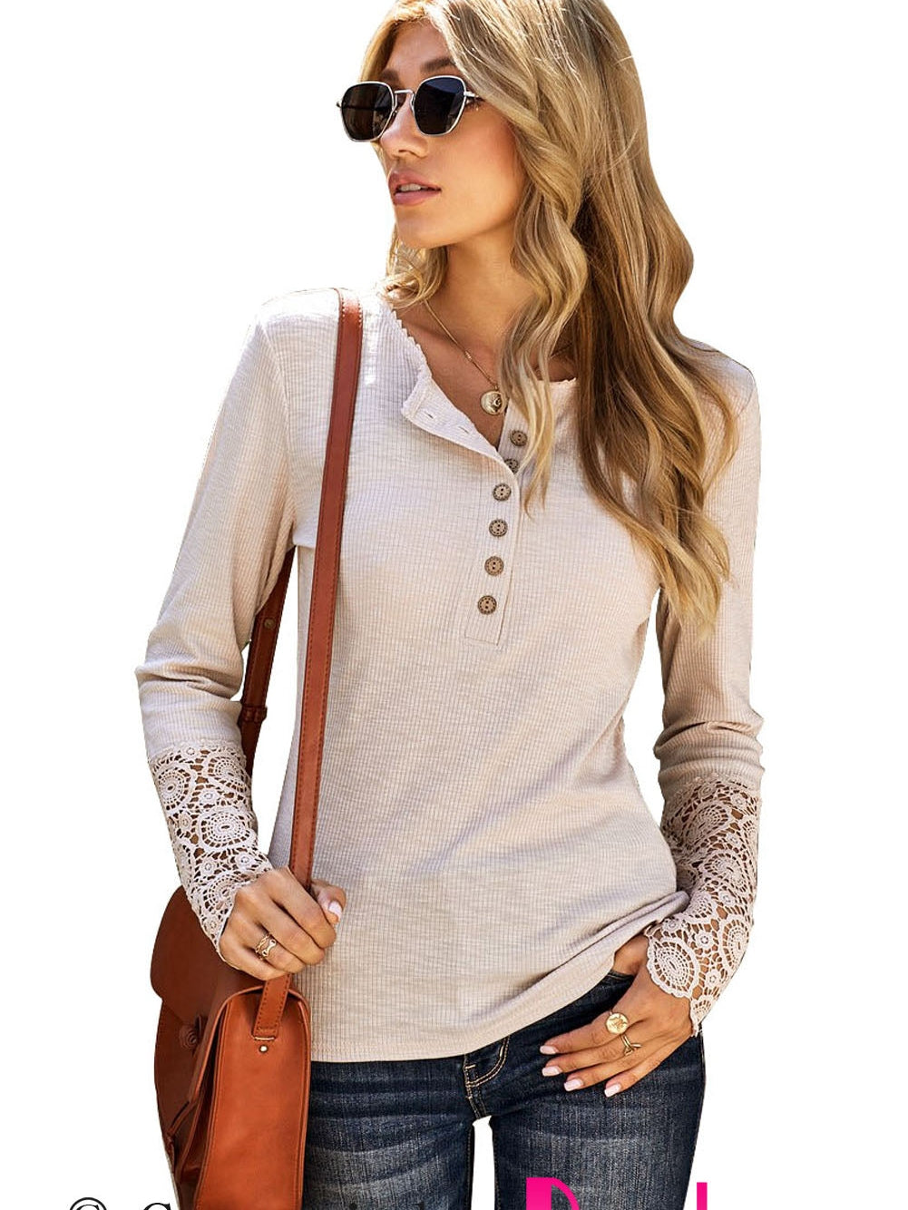 Beige Crochet Lace Sleeve Button Detail Top