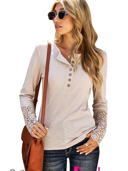 Beige Crochet Lace Sleeve Button Detail Top