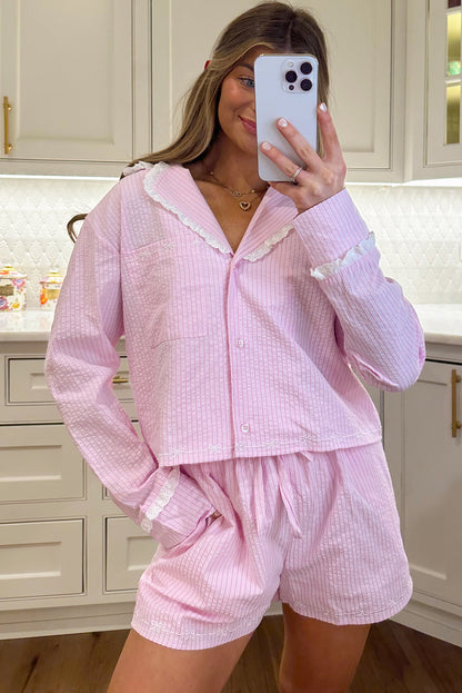 Pink Stripe Lace Trim Bow Detail Seersucker 2pcs Pajama Set