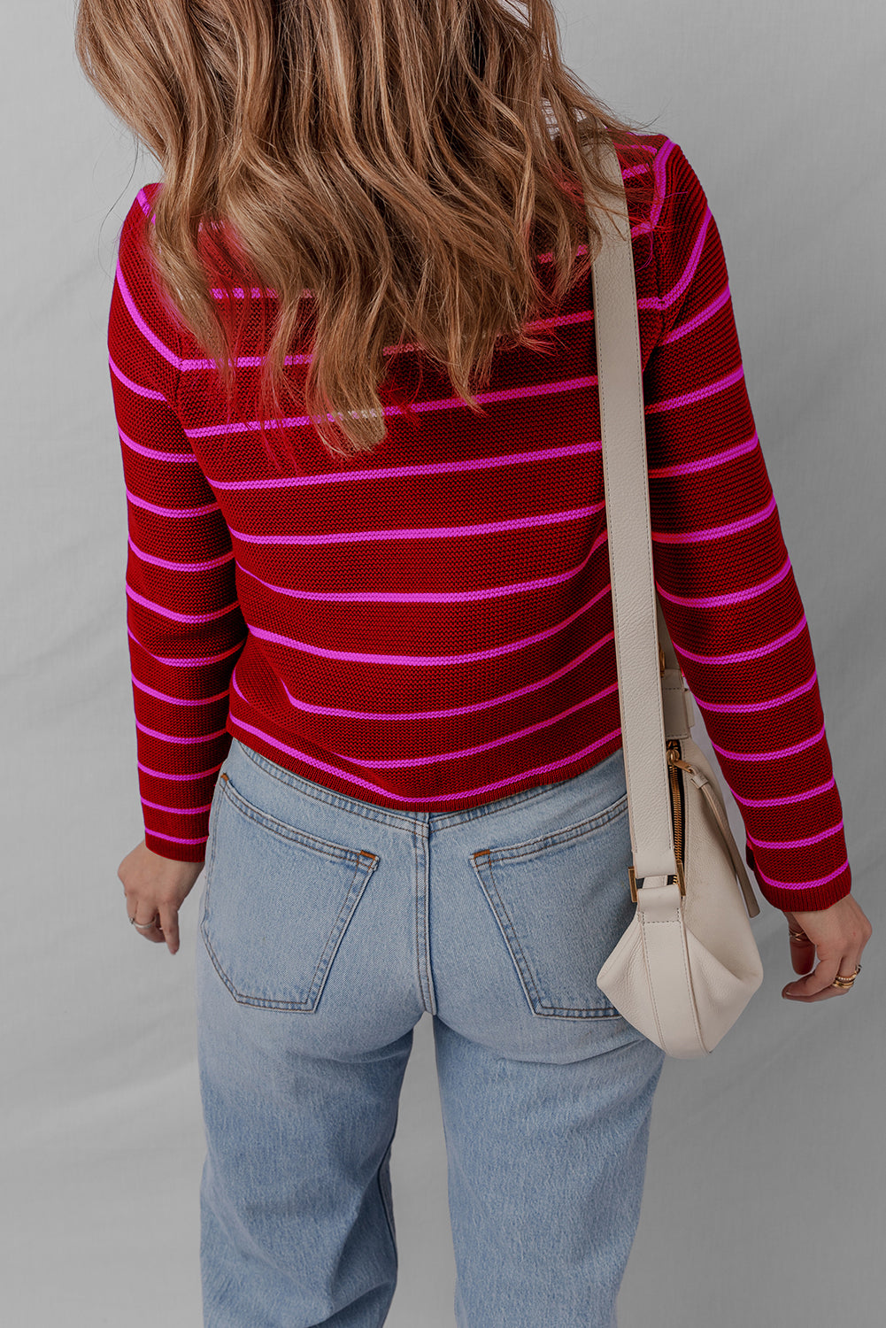 Red Stripe Tie Front Striped Knit V Neck Cardigan Sweater