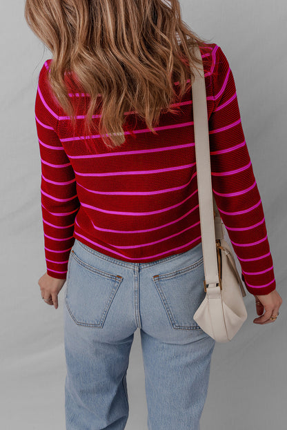 Red Stripe Tie Front Striped Knit V Neck Cardigan Sweater