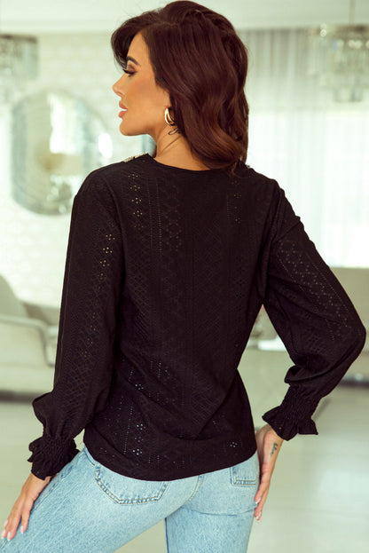 Elegant Black Eyelet Lace V Neck Ruffle Sleeve Blouse