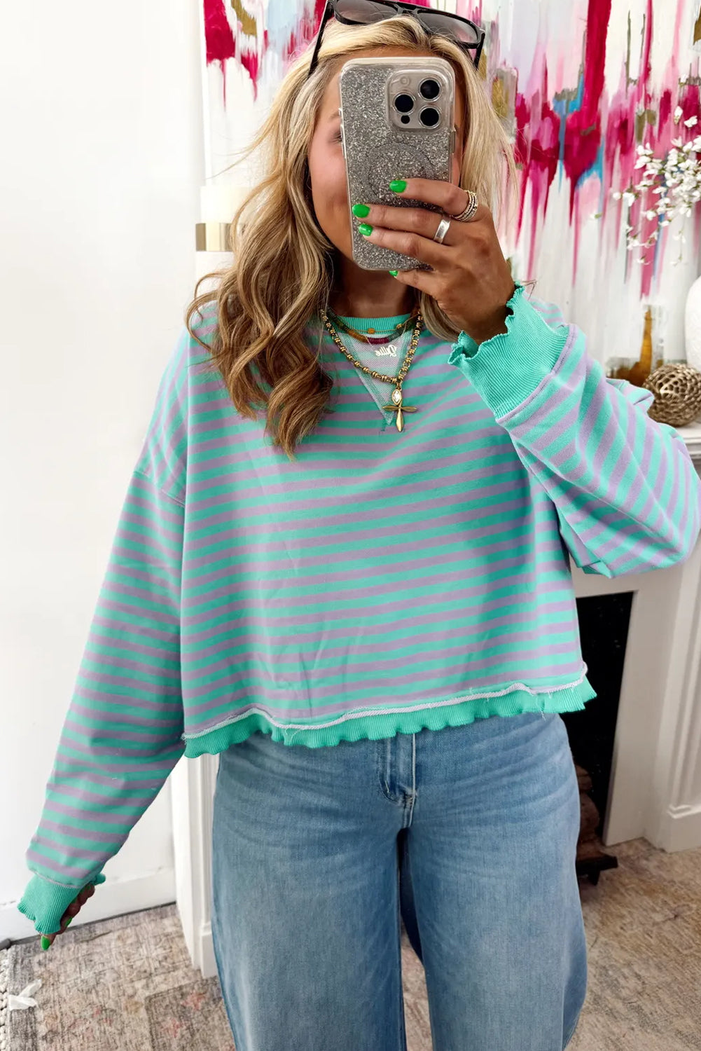 Green Stripe Exposed Seam Contrast Ribbed Trim Oversize Sweatshirt