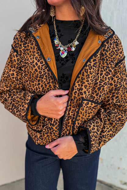 Brown Leopard Quilted Contrast Piping Jacket with Pockets