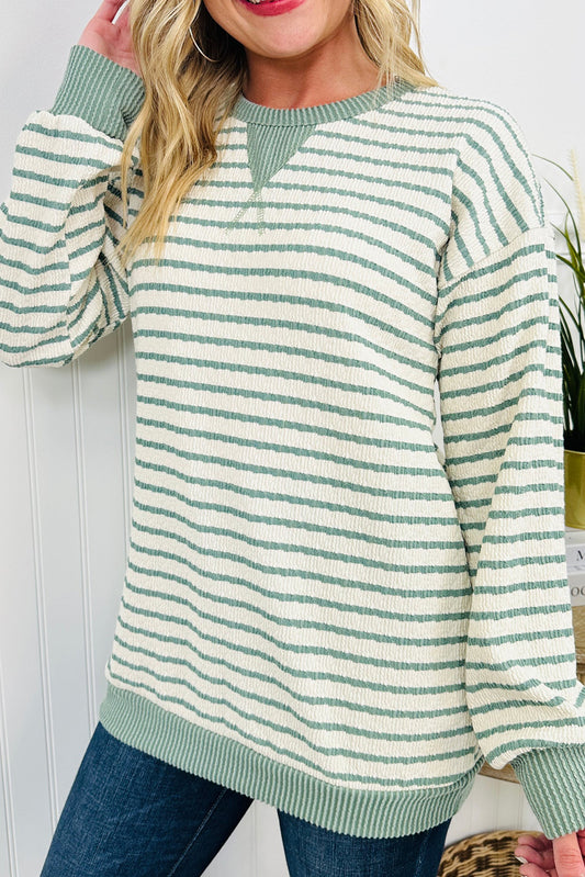 Green Stripe Twist Ribbed Drop Shoulder Pullover Top