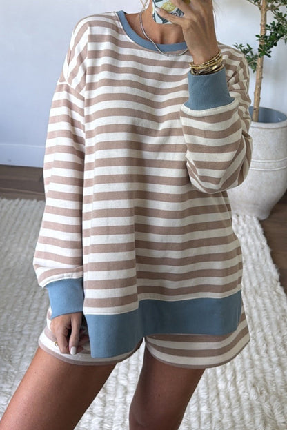 Khaki Stripe Color Block Patchwork Oversized Pullover Drawstring Shorts 2pcs Set