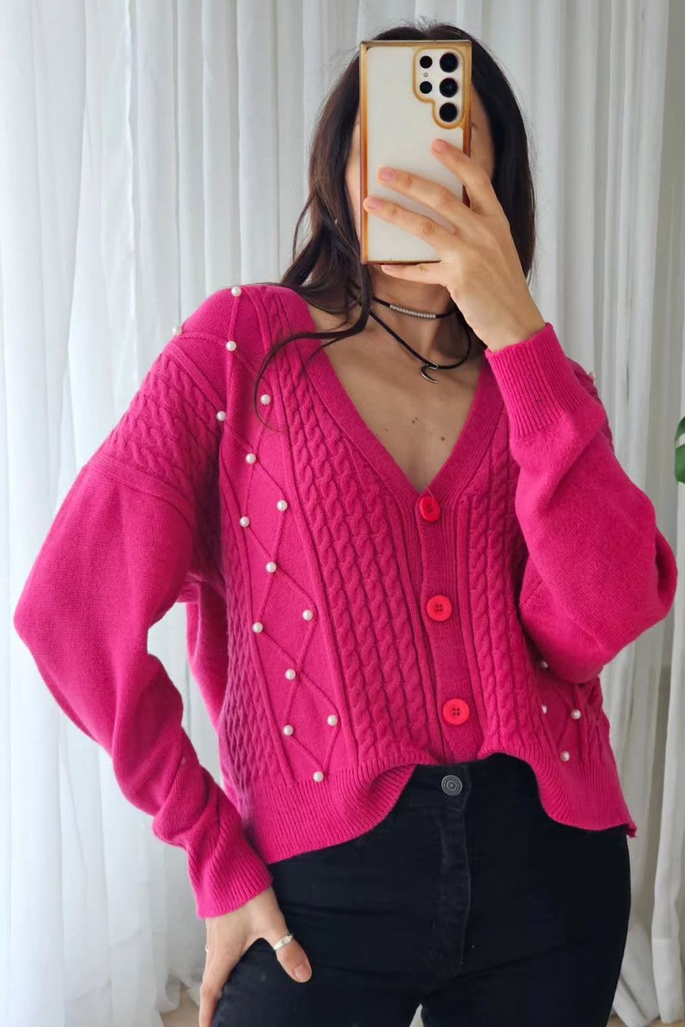 Rose Red Cable Rhombus Knit Pearl Embellished Button V Neck Cardigan