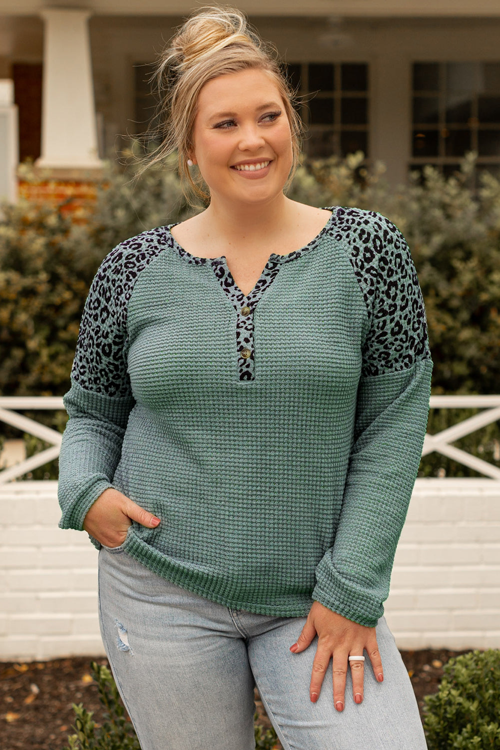 Mist Green Leopard Patchwork Textured Knit Plus Size Henley Top