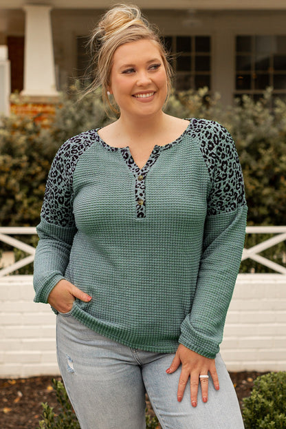 Mist Green Leopard Patchwork Textured Knit Plus Size Henley Top