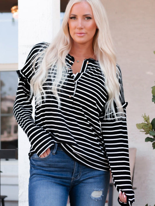 Elegant Black Striped Ruffled Button-Up Blouse