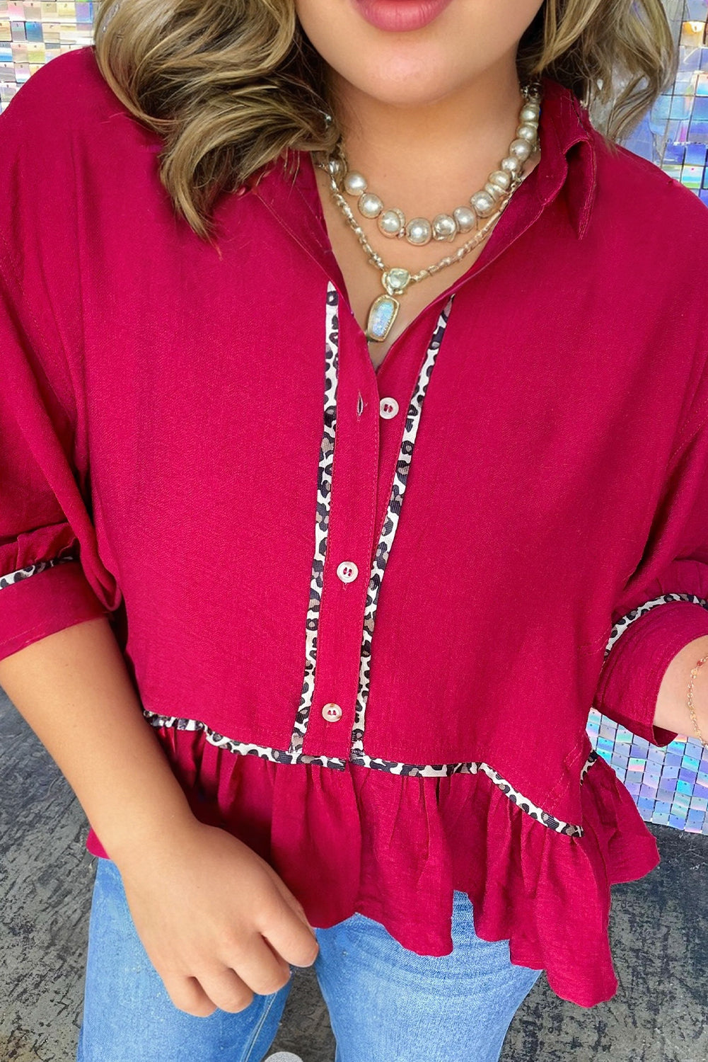 Racing Red Shirt Collar Button Front Leopard Trim Ruffle Hem Plus Size Top