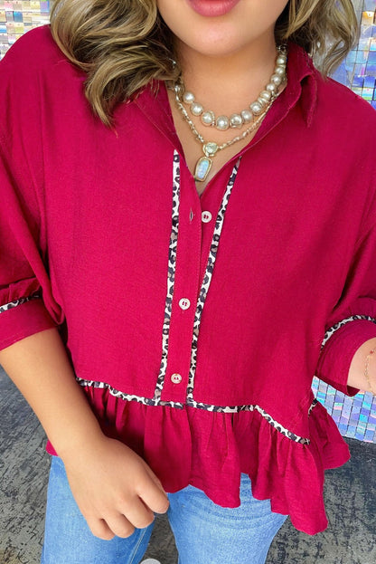 Racing Red Shirt Collar Button Front Leopard Trim Ruffle Hem Plus Size Top