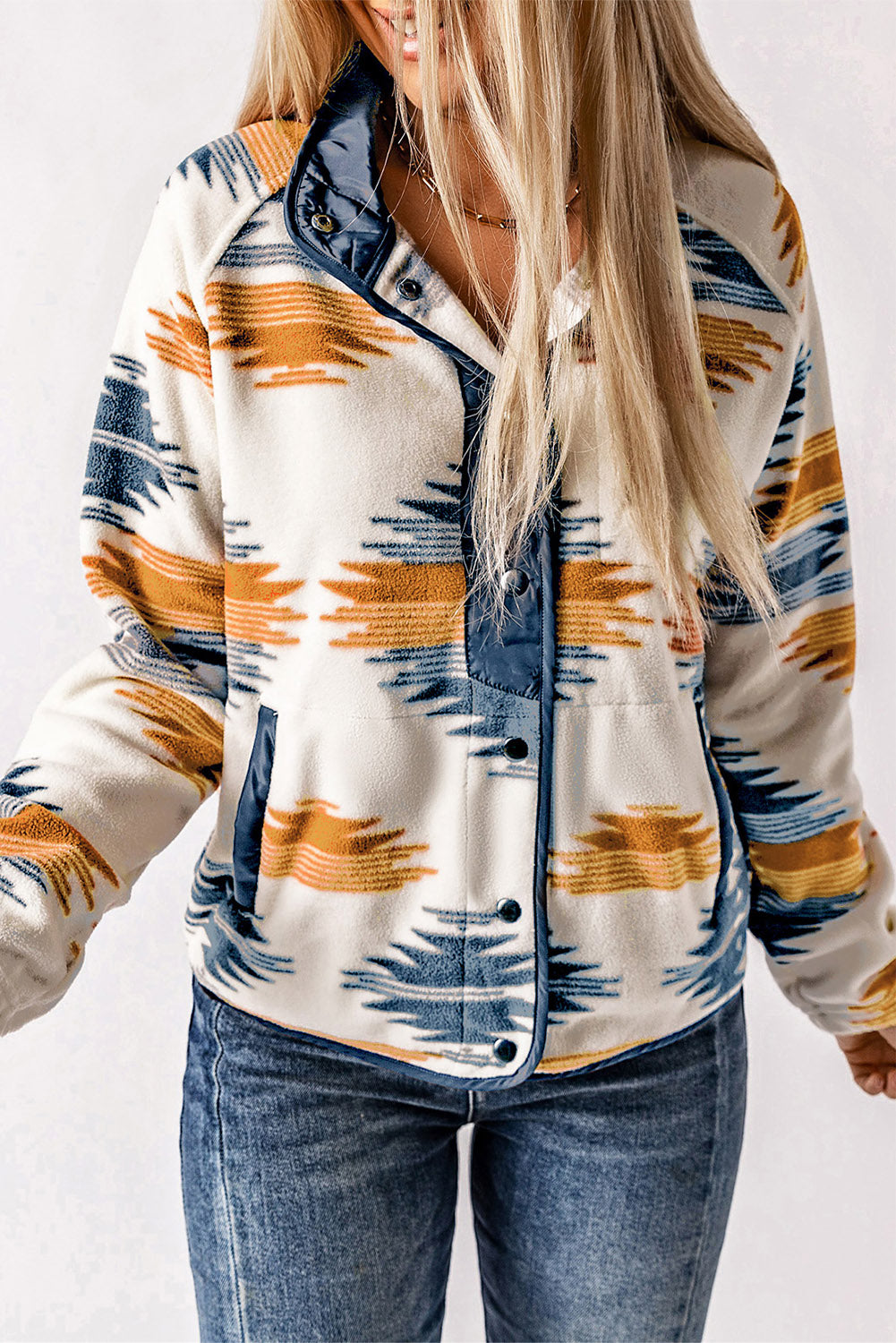 Aztec Patterned Snap Button Fleece Jacket