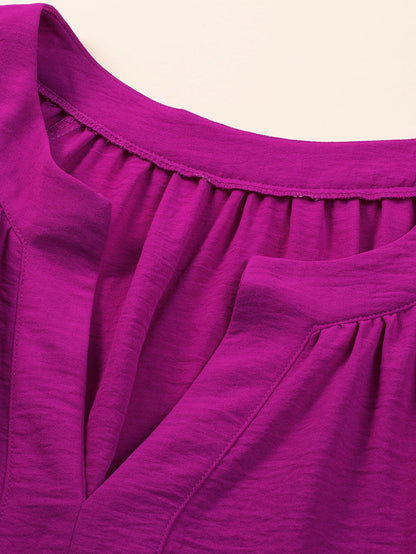 Rose Red Notched Neck Wide Sleeve Pleated Plus Size Dress