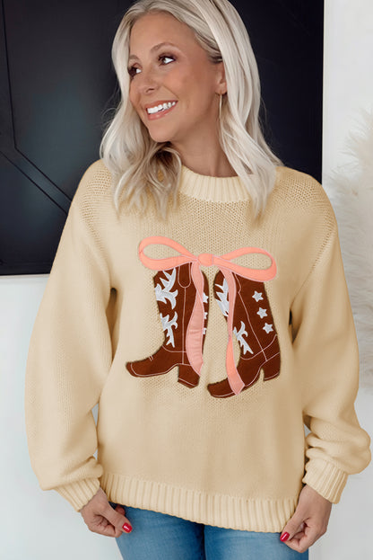 Apricot Embroidered Bow Boots Graphic Drop Shoulder Sweater