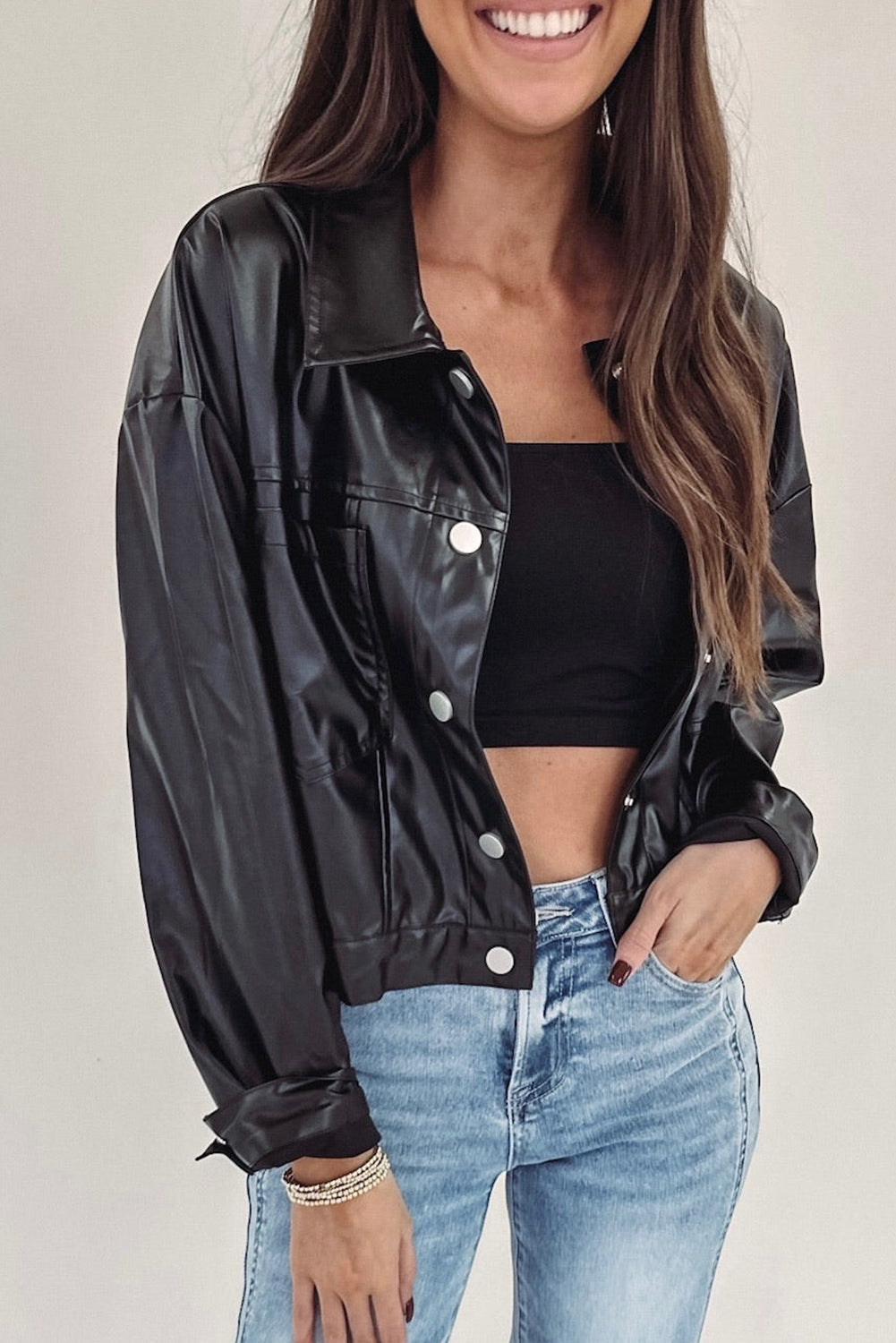 Black Faux Leather Snap Button Collared Patched Pocket Jacket