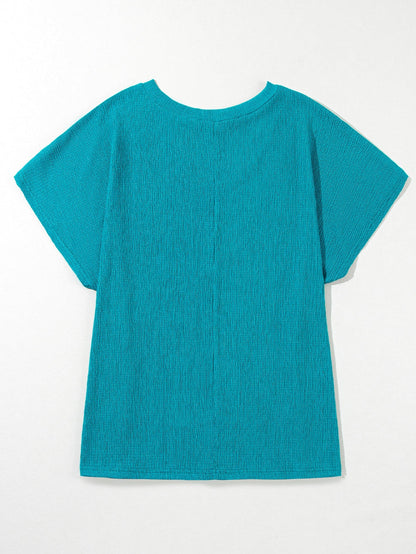 Blue Sapphire Bubble Hem V Neck Textured Plus Size Top
