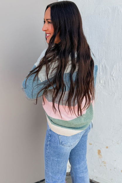 Light Blue Striped Color Block Round Neck Loose Sweater