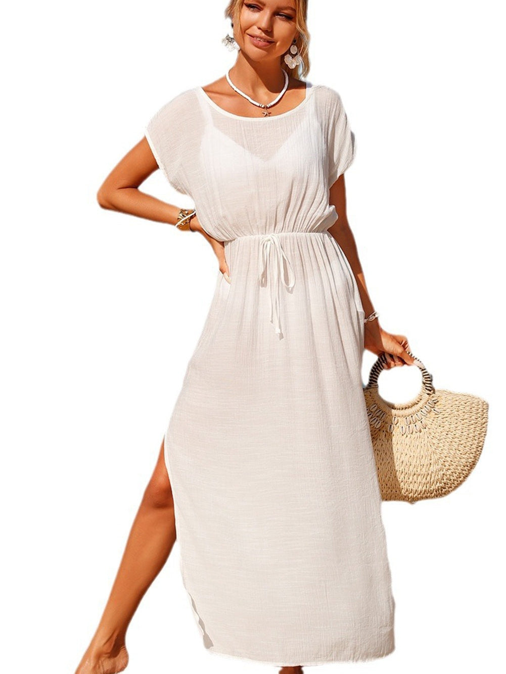 White Sheer Elegant Beach Dress with Adjustable Drawstring