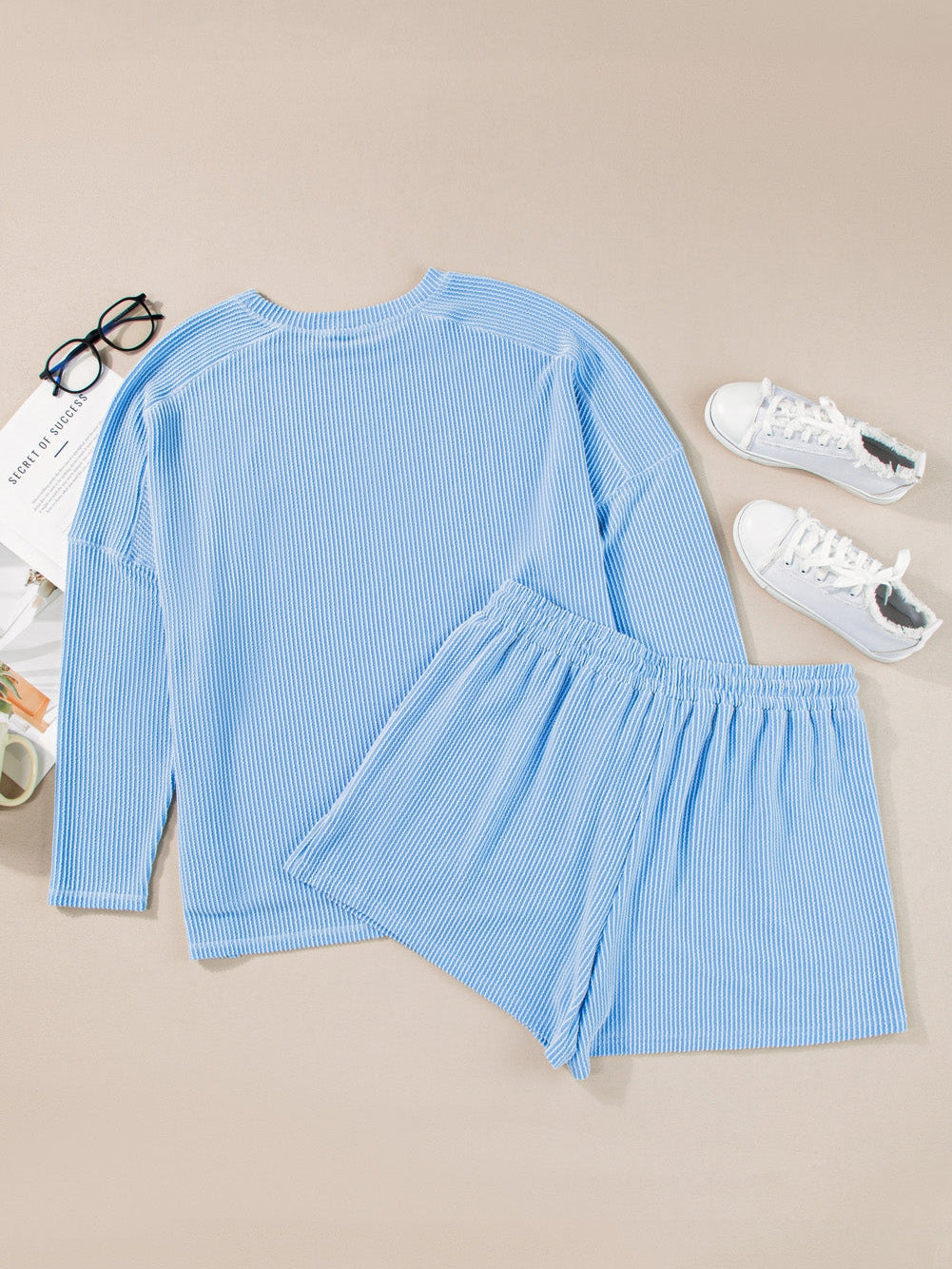 Light Blue Plus Size Ribbed Lounge Set with Long Sleeve Top and Drawstring Shorts