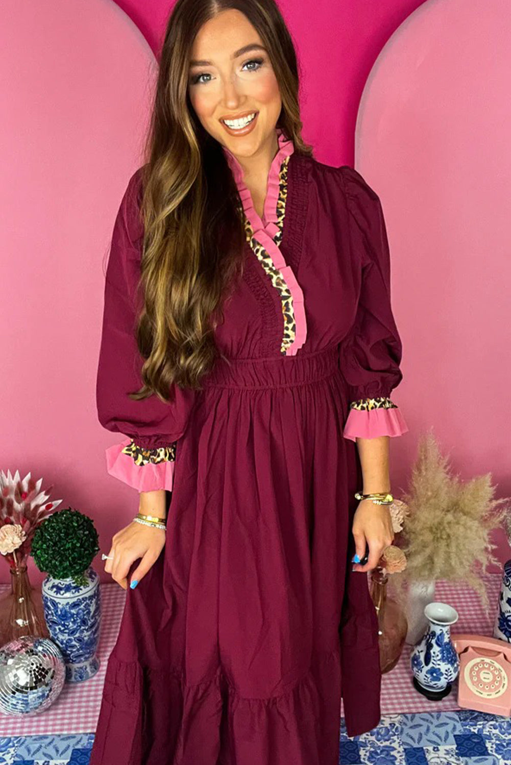 Burgundy Contrast Frilled Trim V Neck 3/4 Ruffled Sleeve Flowy Midi Dress