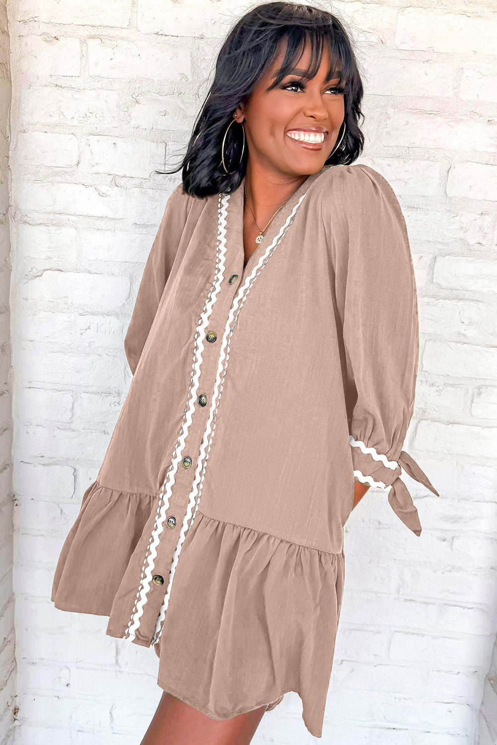 Smoke Gray Contrast Ricrac Trim Button V Neck Knotted Bracelet Sleeve Shift Dress