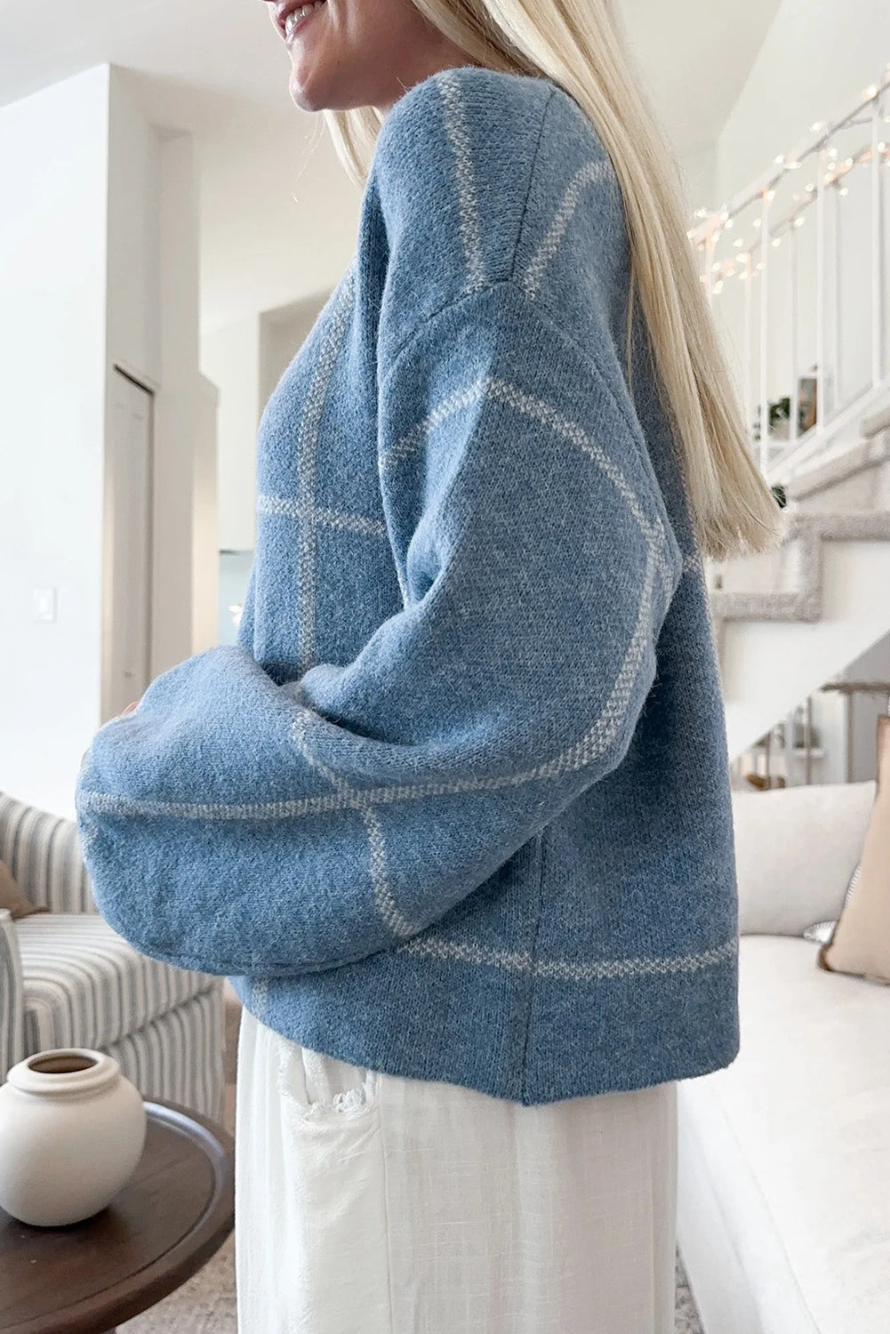 Dusk Blue Classic Plaid Drop Shoulder Loose Sweater